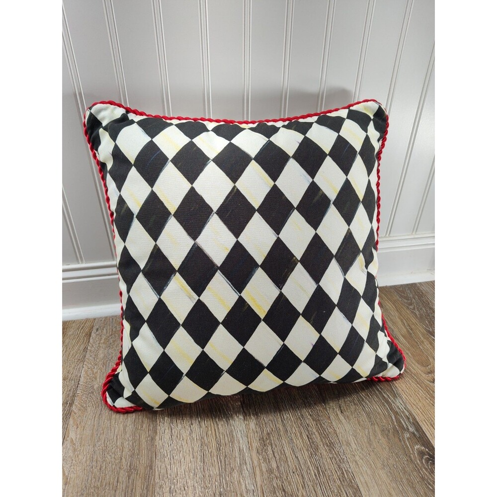 Mackenzie Childs Courtly Check Stripe 14” Pillow with Zipper 14 x 14 Red Piping